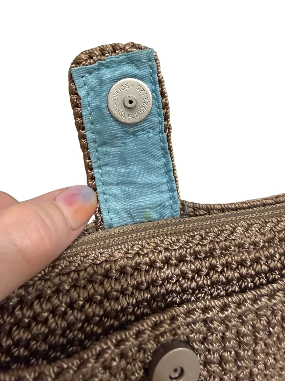 The Sak Brown Tan Wristlet Nylon Clutch Blue Lined Silver Hardware Crochet Strap